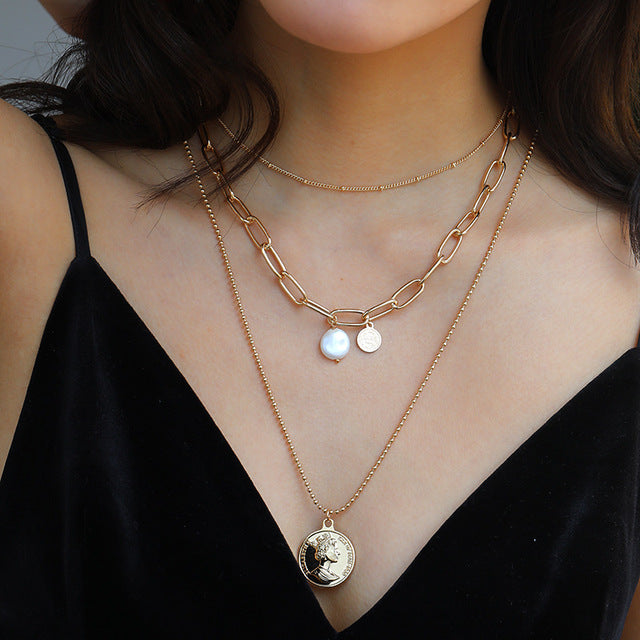 Goth Baroque Pearl Coin Portrait Pendant Necklace for Women Vintage Aesthetic Jewelry